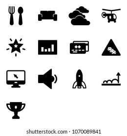 Solid vector icon set - spoon and fork vector, vip waiting area, clouds, helicopter, christmas star, statistics, credit card, multi lane traffic road sign, monitor cursor, low volume, rocket, growth