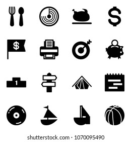 Solid vector icon set - spoon and fork vector, radar, turkey, dollar, flag, printer, target, piggy bank, pedestal, signpost, tent, terms plan, cd, sailboat toy, basketball