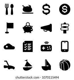 Solid vector icon set - spoon and fork vector, turkey, dollar sign, coin, flag, piggy bank, speaker horn, signpost, cloud, list, joystick wireless, mobile phone, lawn mower, sailboat toy, basketball
