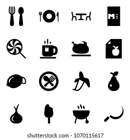 Solid vector icon set - spoon and fork vector, plate, cafe, coffee machine, lollipop, tea, turkey, diet list, lemon, banana, pear, onion, ice cream, grill, sickle