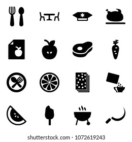 Solid vector icon set - spoon and fork vector, cafe, candy, turkey, diet list, apple, meat, carrot, plate, lemon slice, breads, cereal, watermelone, ice cream, grill, sickle