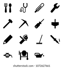 Solid vector icon set - spoon and fork vector, stethoscope, thermometer, wrench, sledgehammer, axe, screwdriver, crown drill, pencil, Angular grinder, rake, soldering iron, jack, cocncrete mixer