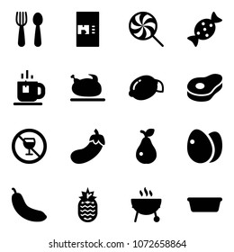 Solid vector icon set - spoon and fork vector, coffee machine, lollipop, candy, tea, turkey, lemon, meat, no alcohol sign, eggplant, pear, eggs, banana, pineapple, grill, basin