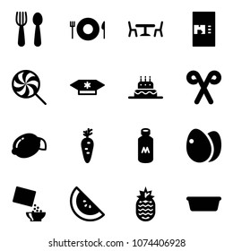 Solid vector icon set - spoon and fork vector, plate, cafe, coffee machine, lollipop, candy, cake, santa stick, lemon, carrot, milk, eggs, cereal, watermelone, pineapple, basin