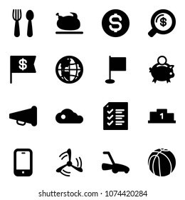 Solid vector icon set - spoon and fork vector, turkey, dollar coin, money search, flag, globe, piggy bank, speaker horn, cloud, list, pedestal, mobile phone, wind mill, lawn mower, basketball