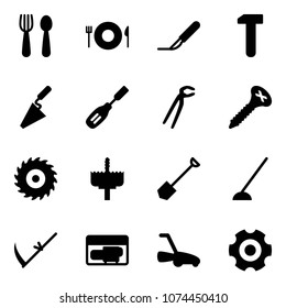 Solid vector icon set - spoon and fork vector, plate, scalpel, work, trowel, chisel, plumber, screw, saw disk, crown drill, shovel, hoe, scythe, generator, lawn mower, gear