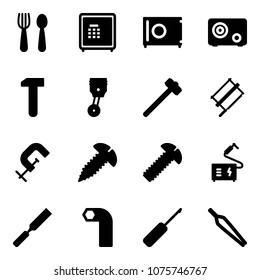 Solid vector icon set - spoon and fork vector, safe, work, piston, sledgehammer, bucksaw, clamp, screw, welding, rasp, allen key, awl, forceps