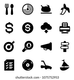 Solid vector icon set - spoon and fork vector, radar, turkey, banana, dollar sign, coin, download cloud, printer, target, head hunter, speaker horn, signpost, list, cd, lawn mower, sailboat toy