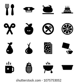 Solid vector icon set - spoon and fork vector, candy, turkey, cake, santa stick, apple, plate, lemon slice, pear, onion, breads, cereal, green tea, pineapple, grill, basin