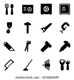 Solid vector icon set - spoon and fork vector, safe, piston, hammer, saw, clamp, work knife, plumber, bolt, screw, metal hacksaw, hoe, allen key set, shovel toy