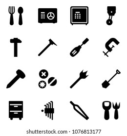 Solid vector icon set - spoon and fork vector, safe, piston, hammer, mason, chisel, clamp, nail, rivet, wood drill, shovel, tool cabinet, allen key set, forceps, toy