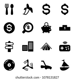 Solid vector icon set - spoon and fork vector, banana, dollar sign, coin, money search, piggy bank, pedestal, signpost, building, tent, joystick wireless, cd, wind mill, lawn mower, sailboat toy