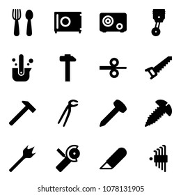 Solid vector icon set - spoon and fork vector, safe, piston, casting of steel, hammer, rolling, saw, plumber, nail, screw, wood drill, Angular grinder, work knife, allen key set