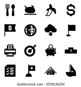 Solid vector icon set - spoon and fork vector, turkey, banana, dollar sign, flag, globe, download cloud, printer, target, piggy bank, pedestal, list, tent, sailboat toy