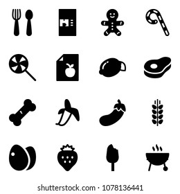 Solid vector icon set - spoon and fork vector, coffee machine, cake man, lollipop, diet list, lemon, meat, broken bone, banana, eggplant, spica, eggs, strawberry, ice cream, grill