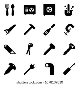 Solid vector icon set - spoon and fork vector, safe, casting of steel, saw, hammer, chisel, clamp, work knife, plumber, nail, screw, wood drill, allen key, awl