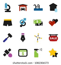 solid vector icon set - sprayer vector, meat hammer, pen, constellation, dollar calendar, shorts, satellite, heart, gender sign, microscope, pool, garage, sale signboard, smart home, cash, star