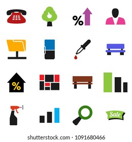 solid vector icon set - sprayer vector, percent growth, consolidated cargo, sorting, classic phone, magnifier, dropper, network folder, bench, fruit tree, consumer, fridge, sale