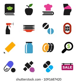 solid vector icon set - sprayer vector, plates, cookbook, jar, pencil, apple fruit, money search, buttocks, pills, stadium, satellite, sale signboard