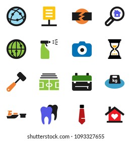solid vector icon set - sprayer vector, meat hammer, backpack, sand clock, tie, stadium, port, weight, camera, internet, tooth, network document, disconnection, search estate, love home