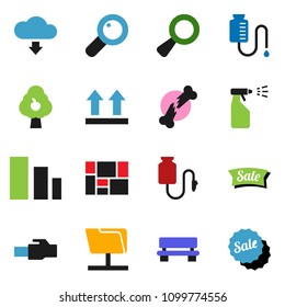 solid vector icon set - sprayer vector, consolidated cargo, top sign, sorting, magnifier, broken bone, drop counter, network folder, lan connector, bench, cloud download, fruit tree, sale