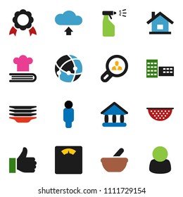 solid vector icon set - sprayer vector, plates, colander, cookbook, school building, medal, university, man, scales, finger up, mortar, connection, cloud upload, house, client search, customer