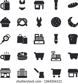 Solid vector icon set - spring balance flat vector, turk, biscuit, pancakes, bagel, croissant, cake, bread, store front, grocery trolley, bags, cash machine, coffee, tie, swimsuit, hotel fector