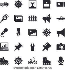 Solid vector icon set - spring balance flat vector, pickup truck, fence, drawing pin, ink pen, computer, roller Skates, bicycle fector, ticket, camera, photo, steering wheel, gallery, stamp