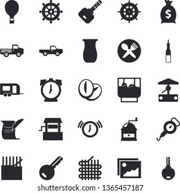 Solid vector icon set - spring balance flat vector, coffee grinder, jugful, sauce, beans, whiskey, well, pickup truck, fabric manufacture, wealth, hostory roll, trailer fector, balloon, key, gallery