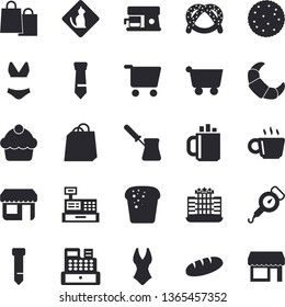 Solid vector icon set - spring balance flat vector, turk, coffee machine, biscuit, bagel, croissant, cake, bread, store front, grocery trolley, bags, cash, tie, swimsuit, hotel fector, pets allowed