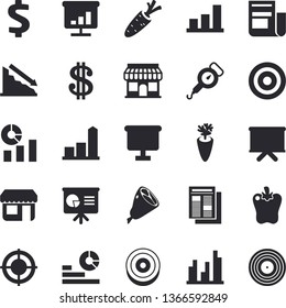 Solid vector icon set - spring balance flat vector, ham, carrot, bell pepper, store front, crisis, chart, dollar, statistics, flip chart, news, statistic, target, presentation board