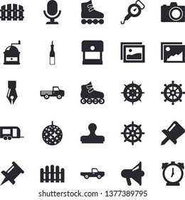 Solid vector icon set - spring balance flat vector, coffee grinder, sauce, pickup truck, fence, drawing pin, ink pen, roller Skates, trailer fector, disco ball, camera, steering wheel, gallery