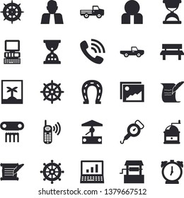 Solid vector icon set - spring balance flat vector, coffee grinder, well, pickup truck, horseshoe, bench, person, phone call, computer, hostory roll, antique column fector, photo, steering wheel