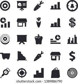 Solid vector icon set - spring balance flat vector, carrot, bell pepper, store front, target audience, crisis, chart, dollar, statistics, flipchart, bags, statistic, presentaition board, shop