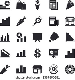 Solid vector icon set - spring balance flat vector, ham, carrot, store front, crisis, chart, dollar, statistics, flipchart, bags, news, statistic, presentaition board, target