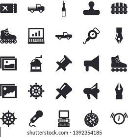 Solid vector icon set - spring balance flat vector, coffee grinder, sauce, pickup truck, fence, drawing pin, ink pen, computer, roller Skates, ticket fector, disco ball, steering wheel, gallery