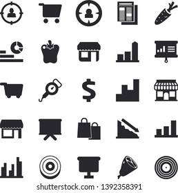Solid vector icon set - spring balance flat vector, ham, bell pepper, carrot, store front, grocery trolley, target audience, crisis, chart, dollar, statistics, flipchart, bags, news, statistic, shop