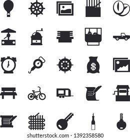 Solid vector icon set - spring balance flat vector, coffee grinder, sauce, beans, whiskey, well, pickup truck, bench, fabric manufacture, wealth, hostory roll, trailer fector, bicycle, balloon, key