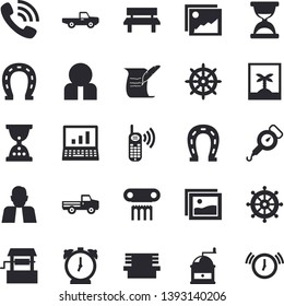 Solid vector icon set - spring balance flat vector, coffee grinder, well, pickup truck, horseshoe, bench, person, phone call, computer, hostory roll, antique column fector, photo, steering wheel