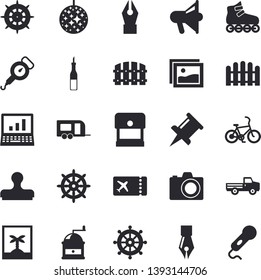 Solid vector icon set - spring balance flat vector, coffee grinder, sauce, pickup truck, fence, drawing pin, ink pen, computer, roller Skates, trailer fector, bicycle, ticket, disco ball, camera