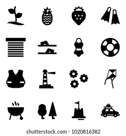 Solid vector icon set - sproute vector, pineapple, strawberry, flippers, jalousie, flip flops, swimsuit, lifebuoy, life vest, lighthouse, flower, kite, grill, forest, sand castle, car baggage