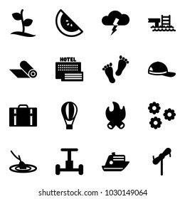 Solid vector icon set - sproute vector, watermelone, storm, pool, mat, sea hotel, feet, cap, suitcase, air balloon, fire, flower, fishing, gyroscope, cruiser, toy windmill