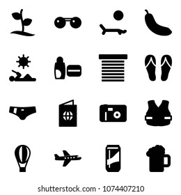 Solid vector icon set - sproute vector, sunglasses, lounger, banana, reading, uv cream, jalousie, flip flops, swimsuit, passport, photo, life vest, air balloon, plane, drink, beer