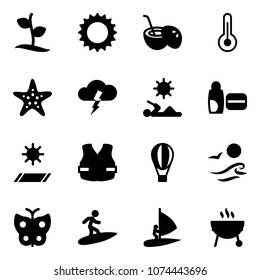 Solid vector icon set - sproute vector, sun, coconut cocktail, thermometer, starfish, storm, reading, uv cream, mat, life vest, air balloon, waves, butterfly, surfing, windsurfing, grill
