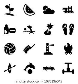 Solid vector icon set - sproute vector, watermelone, pool, uv cream, palm, flip flops, volleyball, suitcase, lighthouse, fire, kayak, dolphin, cabrio, gyroscope