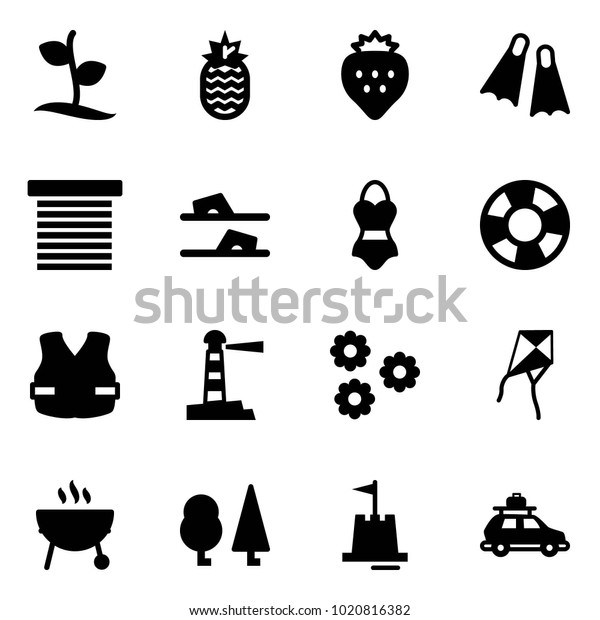 Solid vector icon set - sproute vector,\
pineapple, strawberry, flippers, jalousie, flip flops, swimsuit,\
lifebuoy, life vest, lighthouse, flower, kite, grill, forest, sand\
castle, car baggage