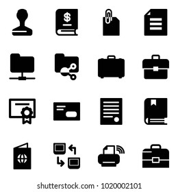 Solid vector icon set - stamp vector, annual report, attachment, document, network folder, shared, case, portfolio, certificate, envelope, agreement, book, passport, data exchange, printer wireless