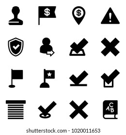 Solid vector icon set - stamp vector, dollar flag, pin, attention road sign, shield check, user login, delete cross, jalousie, abc book