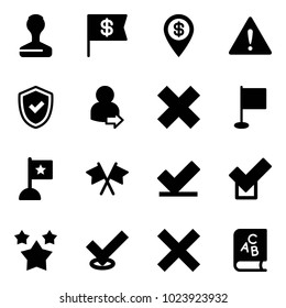 Solid vector icon set - stamp vector, dollar flag, pin, attention road sign, shield check, user login, delete cross, flags, stars, abc book