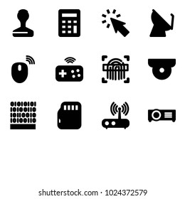 Solid vector icon set - stamp vector, calculator, cursor, satellite antenna, mouse wireless, joystick, fingerprint scanner, surveillance camera, binary code, micro flash card, wi fi router